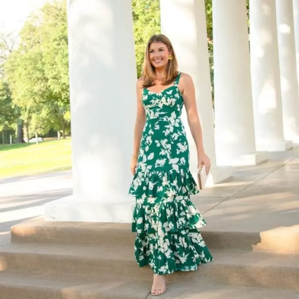 Abercrombie Ruffle Tiered Maxi Dress Size XS Floral Green Spring Wedding
